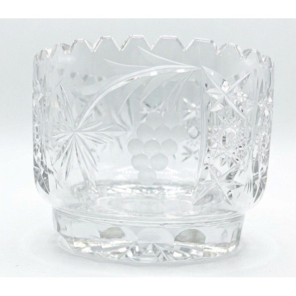 Vtg Cut Crystal Clear Scalloped Tooth Edge Frosted Leaf Grape Bowl Vase 6 Inches